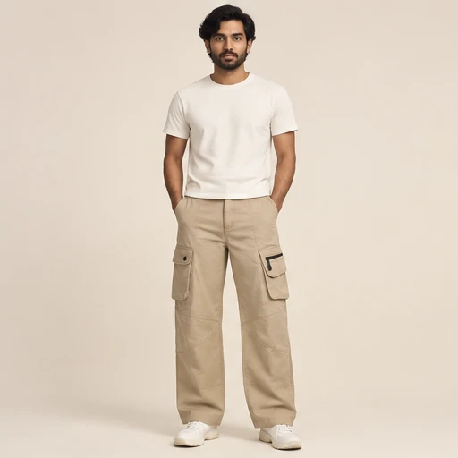 male model 1 wearing the Contour Sand Cargo Trousers design concept