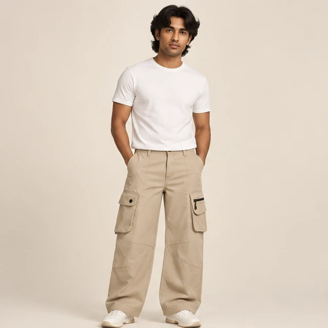 Male model 4 wearing the Contour Sand Cargo Trousers