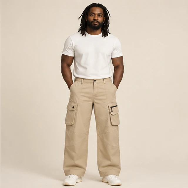 Male model 5 wearing the Contour Sand Cargo Trousers