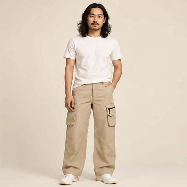 Male model 6 wearing the Contour Sand Cargo Trousers