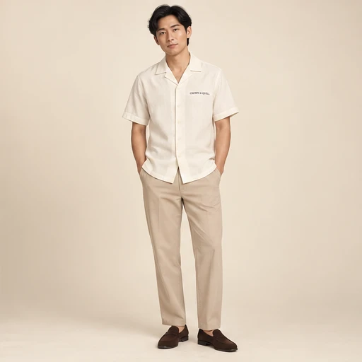 male model 3 wearing the Cove Ecru Camp-Collar Shirt design concept