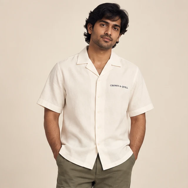 Male model 4 wearing the Cove Ecru Camp-Collar Shirt