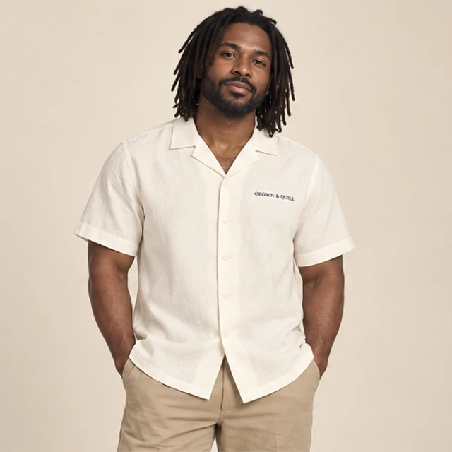 Male model 5 wearing the Cove Ecru Camp-Collar Shirt