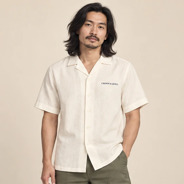 Male model 6 wearing the Cove Ecru Camp-Collar Shirt