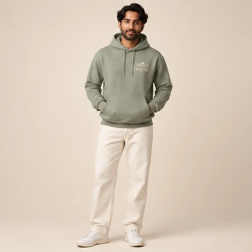 male model 1 wearing the Drift Sage Wordmark Hoodie design concept