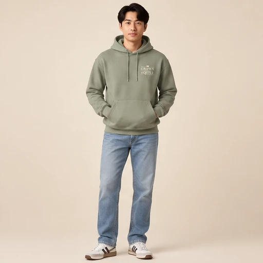 male model 3 wearing the Drift Sage Wordmark Hoodie design concept