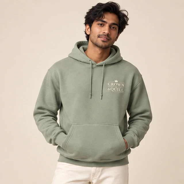 Male model 4 wearing the Drift Sage Wordmark Hoodie