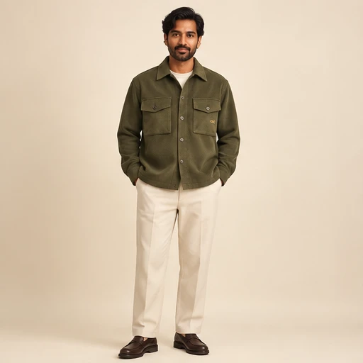 male model 1 wearing the Field Olive Utility Overshirt design concept