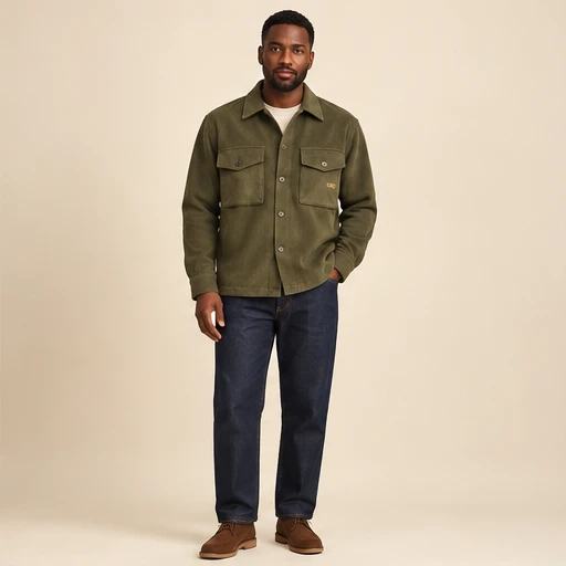 male model 2 wearing the Field Olive Utility Overshirt design concept