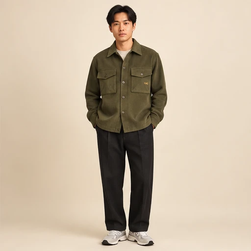 male model 3 wearing the Field Olive Utility Overshirt design concept