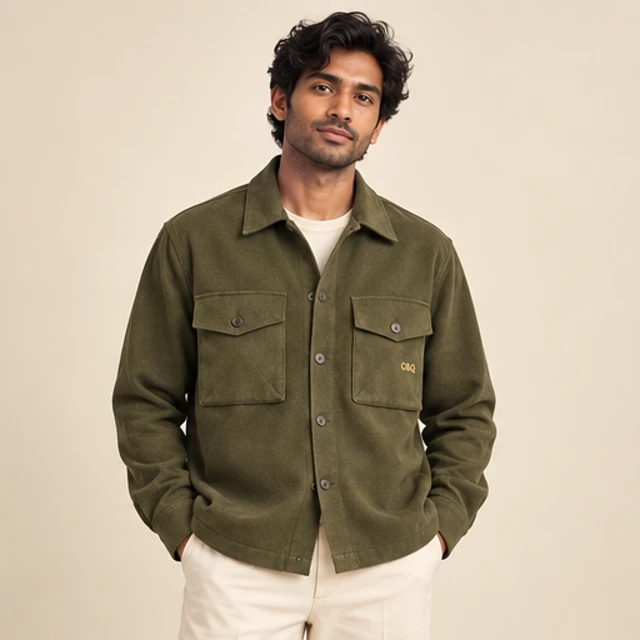 Male model 4 wearing the Field Olive Utility Overshirt