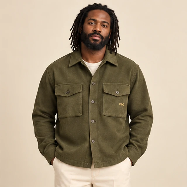 Male model 5 wearing the Field Olive Utility Overshirt