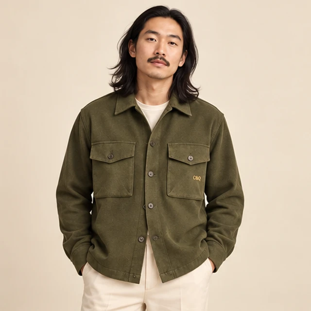 Male model 6 wearing the Field Olive Utility Overshirt