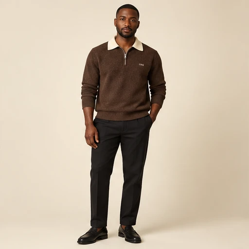 male model 2 wearing the Study Chocolate Half-Zip Polo design concept