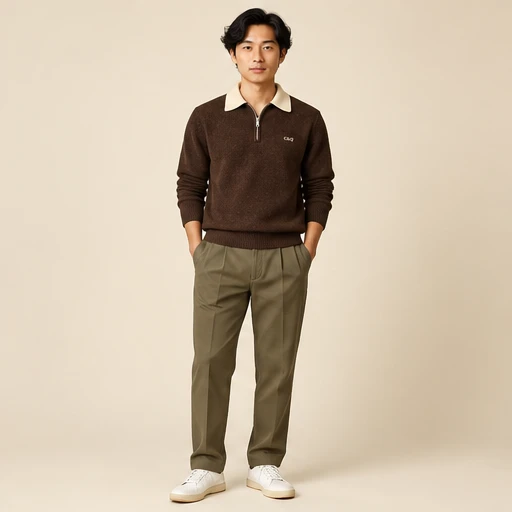 male model 3 wearing the Study Chocolate Half-Zip Polo design concept