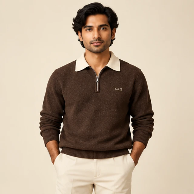 Male model 4 wearing the Study Chocolate Half-Zip Polo