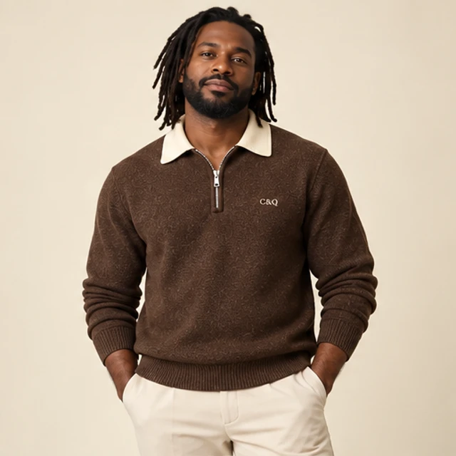 Male model 5 wearing the Study Chocolate Half-Zip Polo