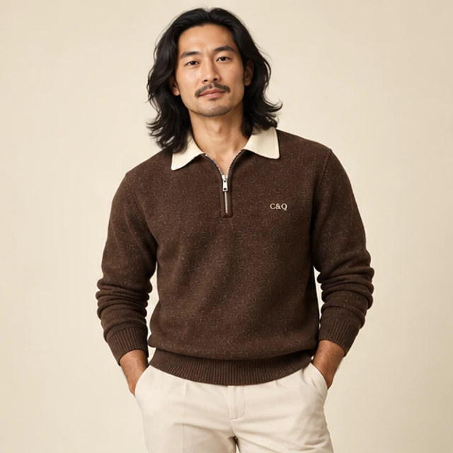 Male model 6 wearing the Study Chocolate Half-Zip Polo