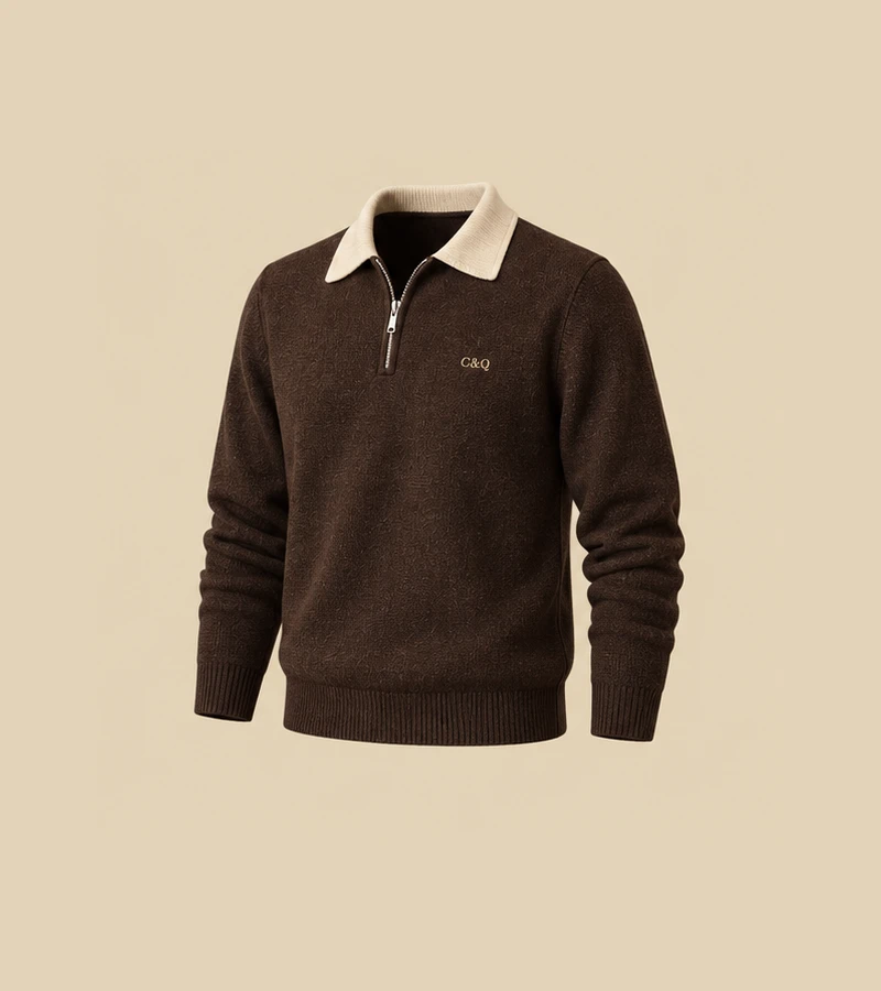 Study Chocolate Half-Zip Polo ring7 concept, not real product photography