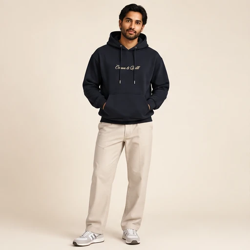 male model 1 wearing the Nocturne Ink Script Hoodie design concept