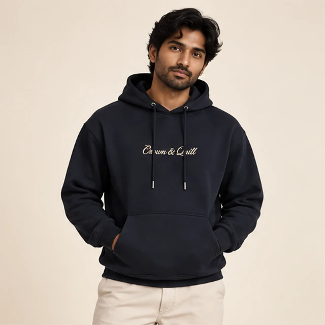 Male model 4 wearing the Nocturne Ink Script Hoodie