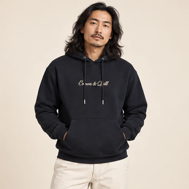 Male model 6 wearing the Nocturne Ink Script Hoodie