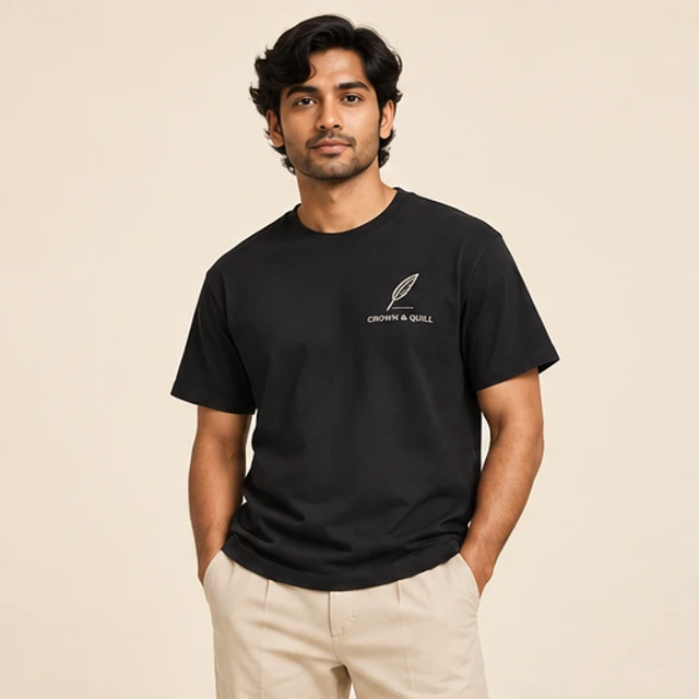 Male model 4 wearing the Sable Black Quill T-Shirt
