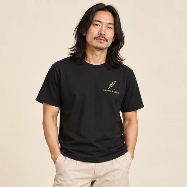 Male model 6 wearing the Sable Black Quill T-Shirt