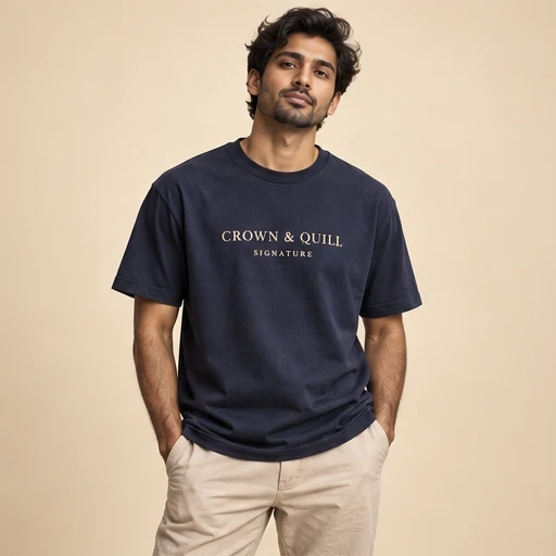 male model 1 wearing the Signature Navy Wordmark T-Shirt design concept