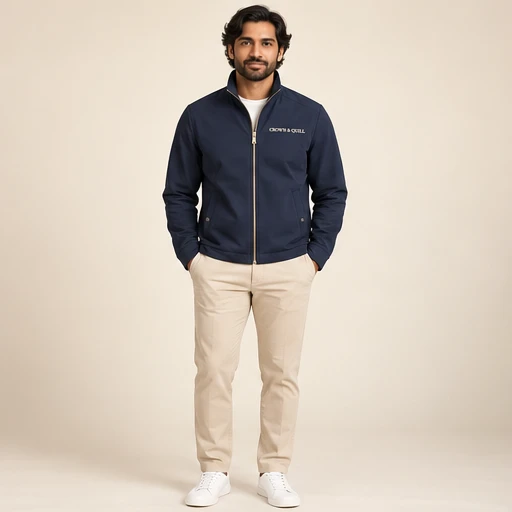 male model 1 wearing the Transit Navy Zip Jacket design concept