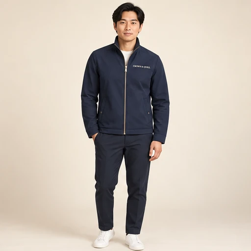 male model 3 wearing the Transit Navy Zip Jacket design concept