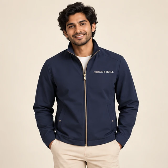 Male model 4 wearing the Transit Navy Zip Jacket