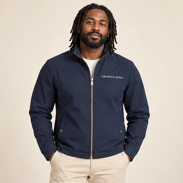 Male model 5 wearing the Transit Navy Zip Jacket