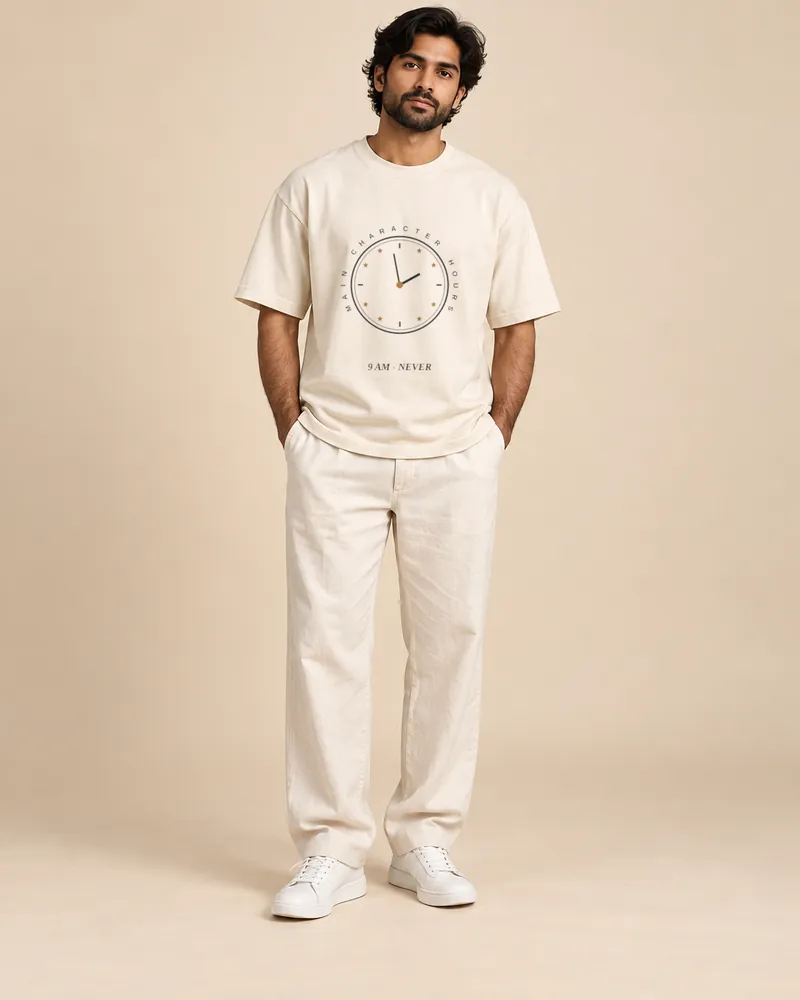 male model 1 wearing the Main Character Hours T-shirt