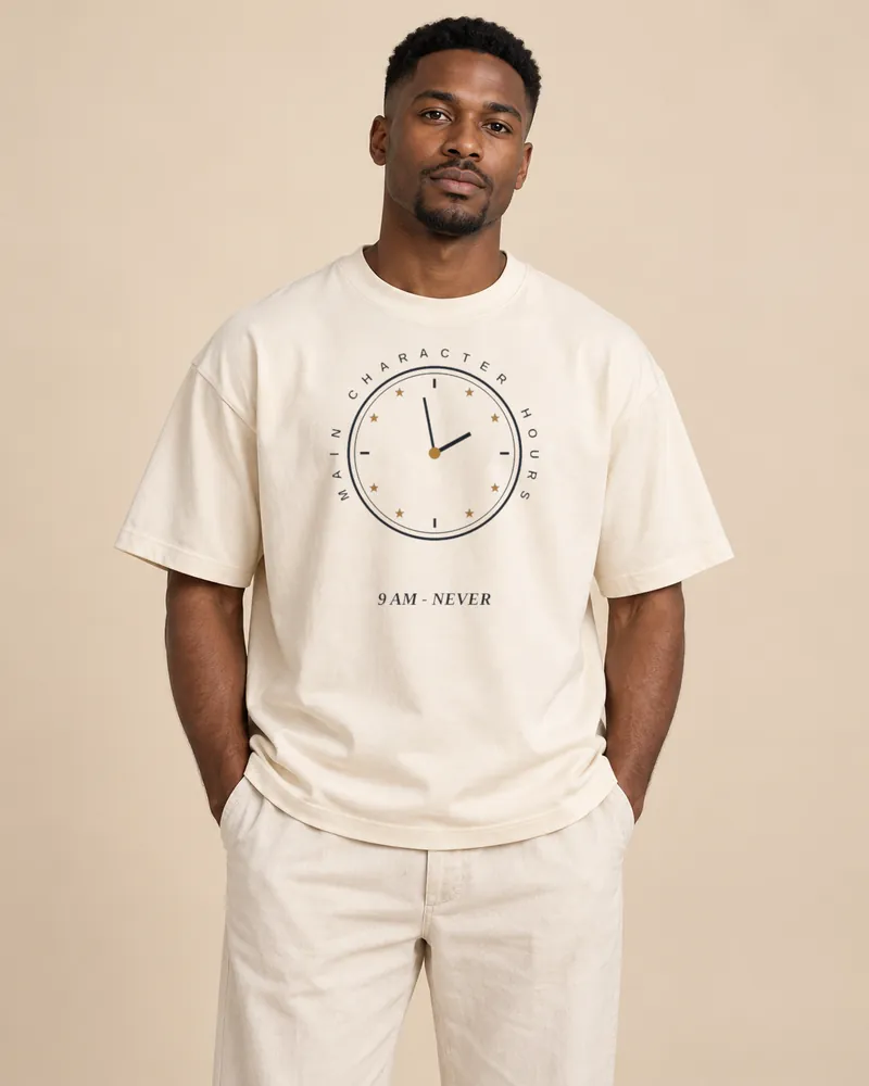 male model 3 wearing the Main Character Hours T-shirt